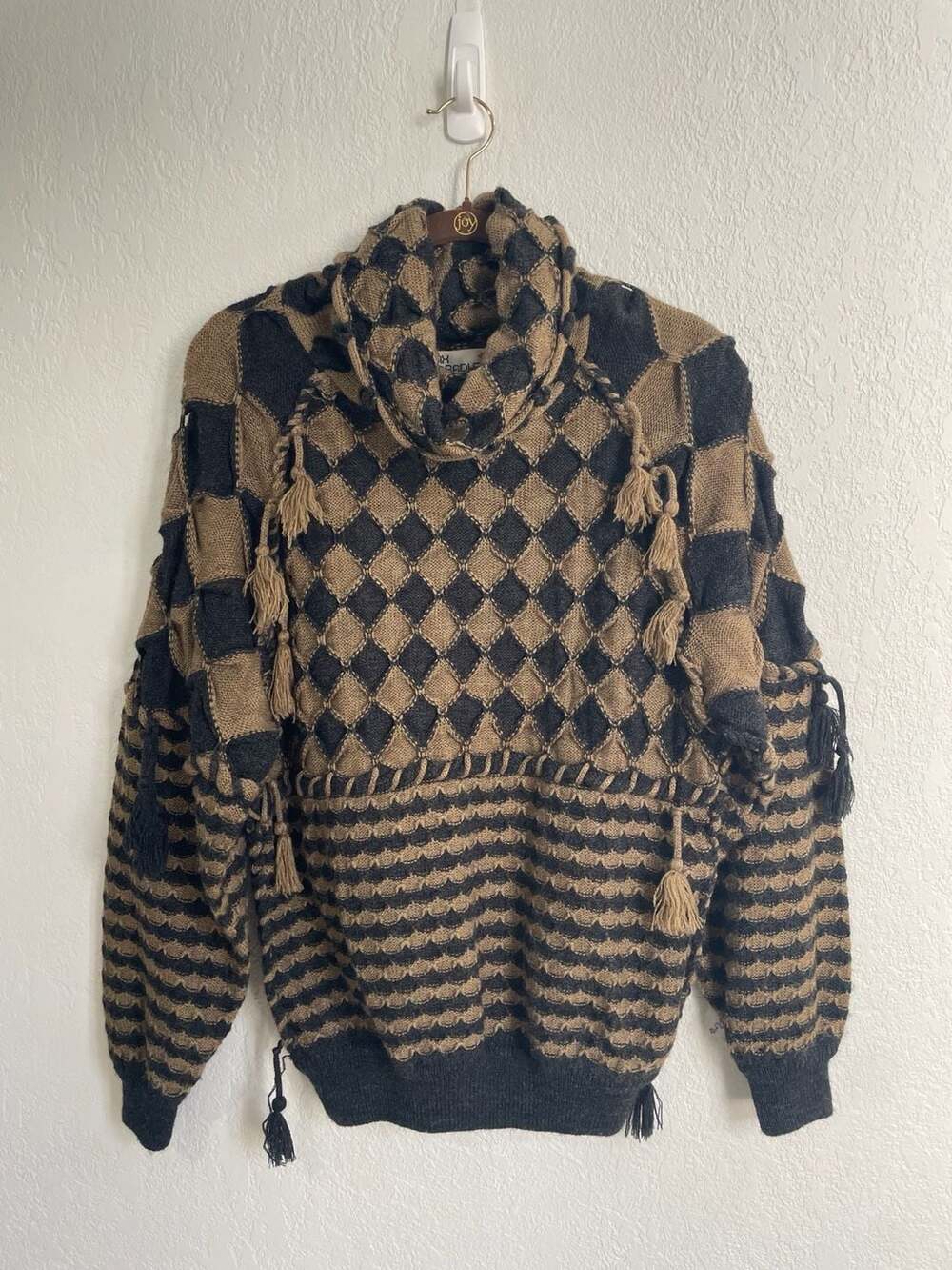 Vintage Boho Max Bradley Black and Tan Geometric Print Cowl Neck Sweater with Ta